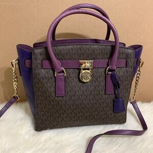 MICHAEL KORS HAMILTON Large E/W Signature Satchel Brown/Damson & Iris Purple